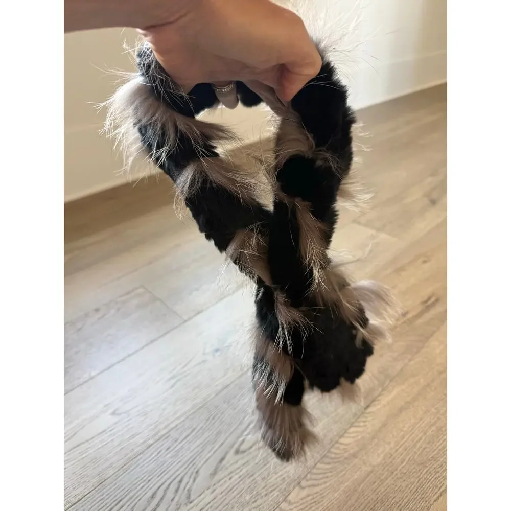 Genuine Rex Rabbit Fur Pull Through Scarf Fox Fur Trim Black Winter Wrap 36